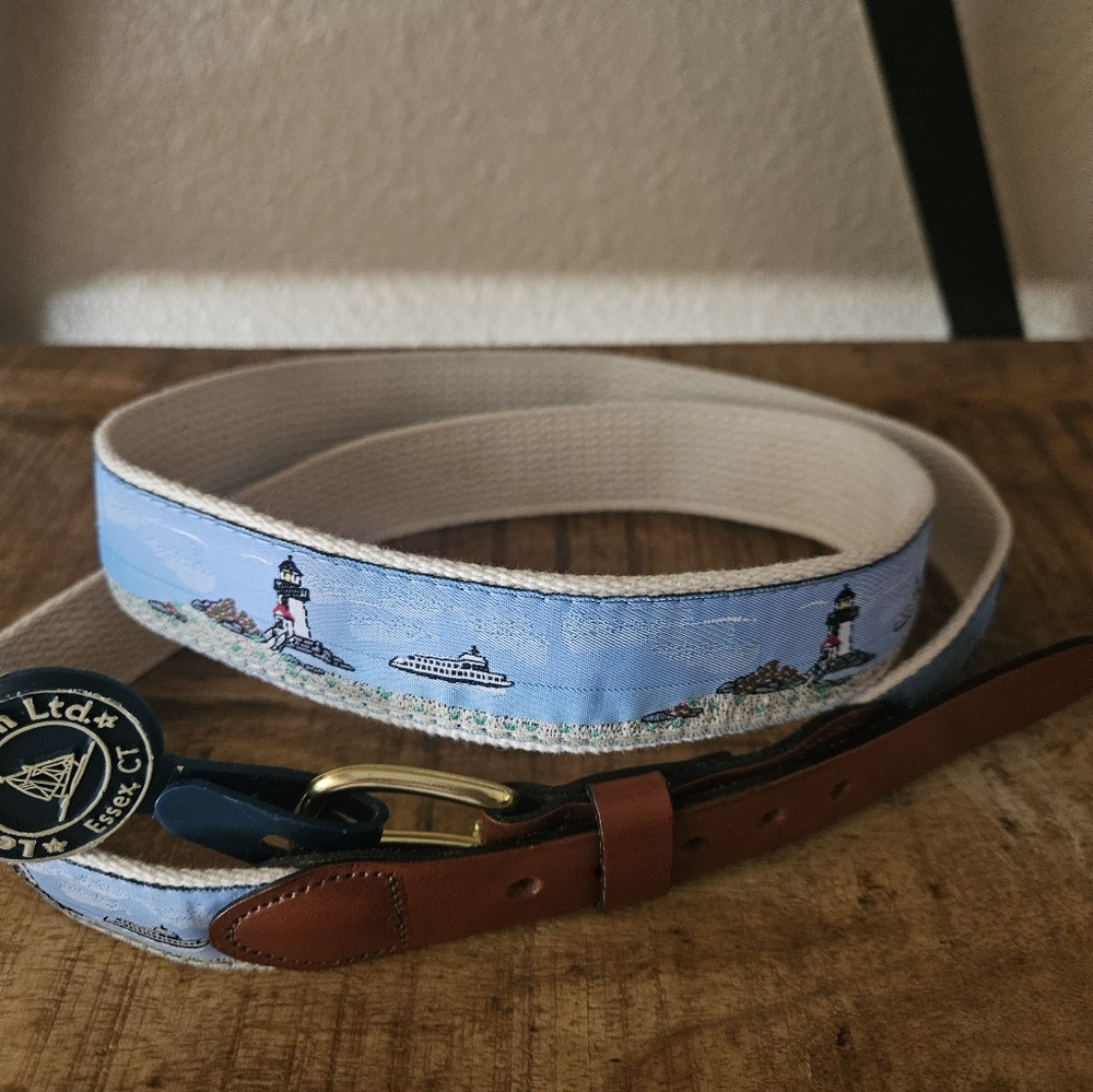 Leatherman Light Blue Nautical Canvas Belt with Lighthouse Motif Leather Trim